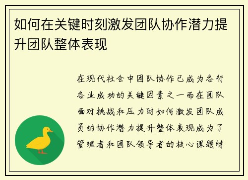 如何在关键时刻激发团队协作潜力提升团队整体表现