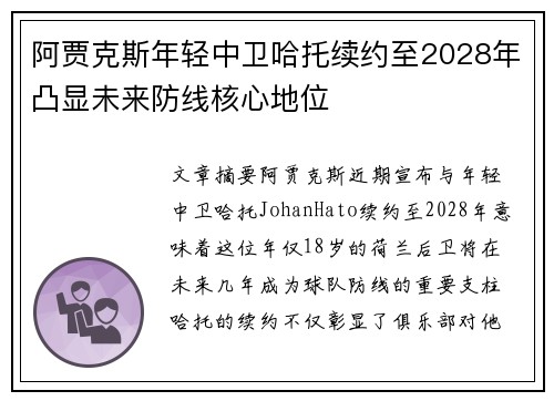 阿贾克斯年轻中卫哈托续约至2028年凸显未来防线核心地位