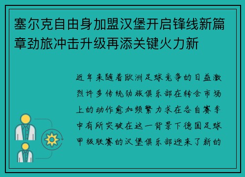 塞尔克自由身加盟汉堡开启锋线新篇章劲旅冲击升级再添关键火力新